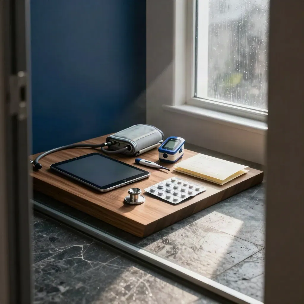 Telemedicine room corner with medical tools on a walnut console by a rain-lit window.