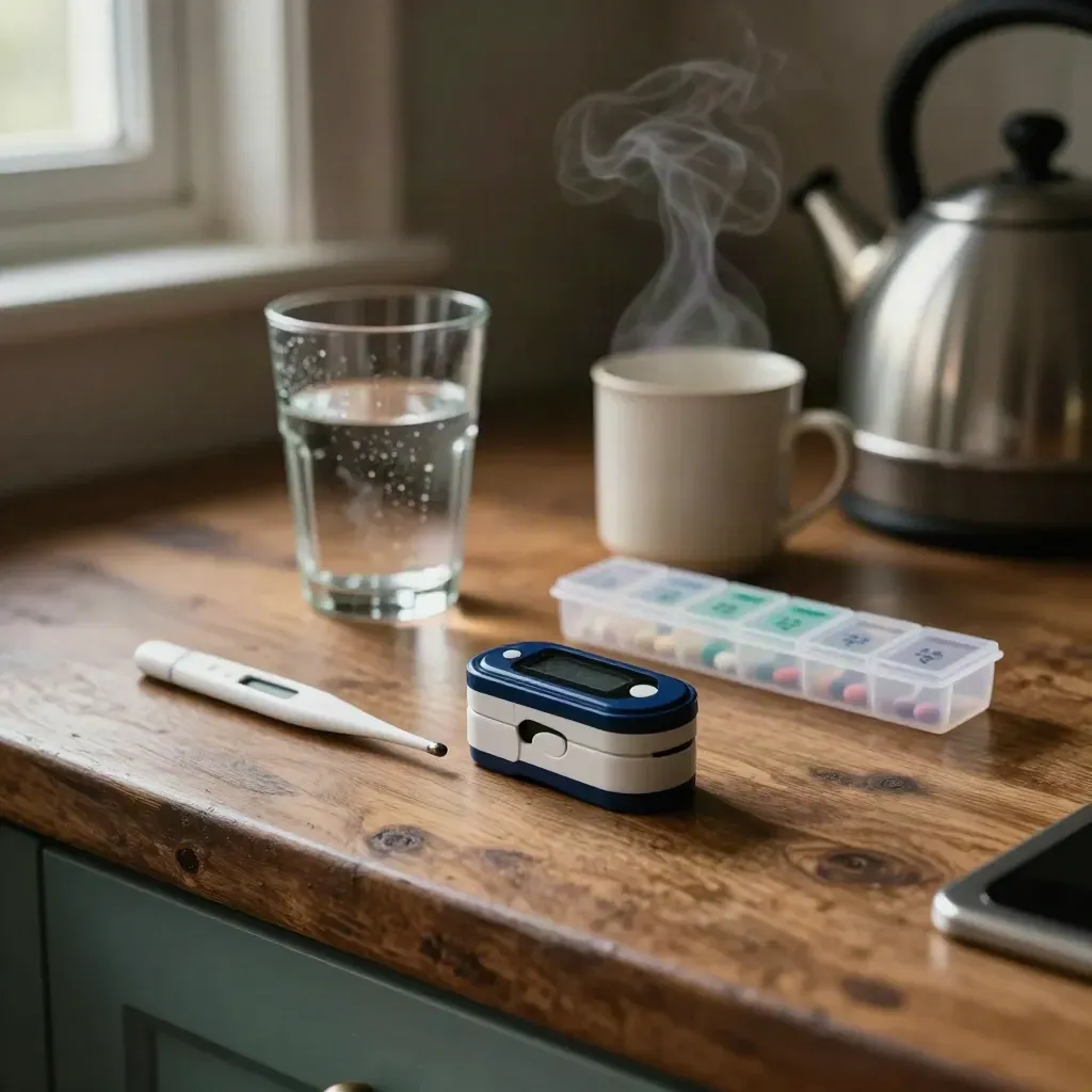Thermometer, pulse oximeter, water glass and pill organiser on a warm kitchen counter with steam.