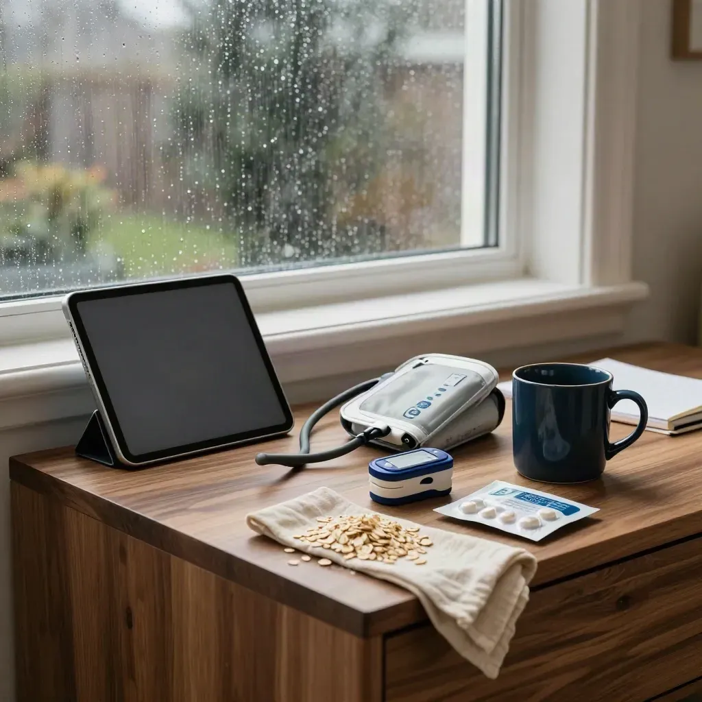 Warm home consultation nook with tablet, cuff, pulse oximeter, mug and medication pack by a rain window.