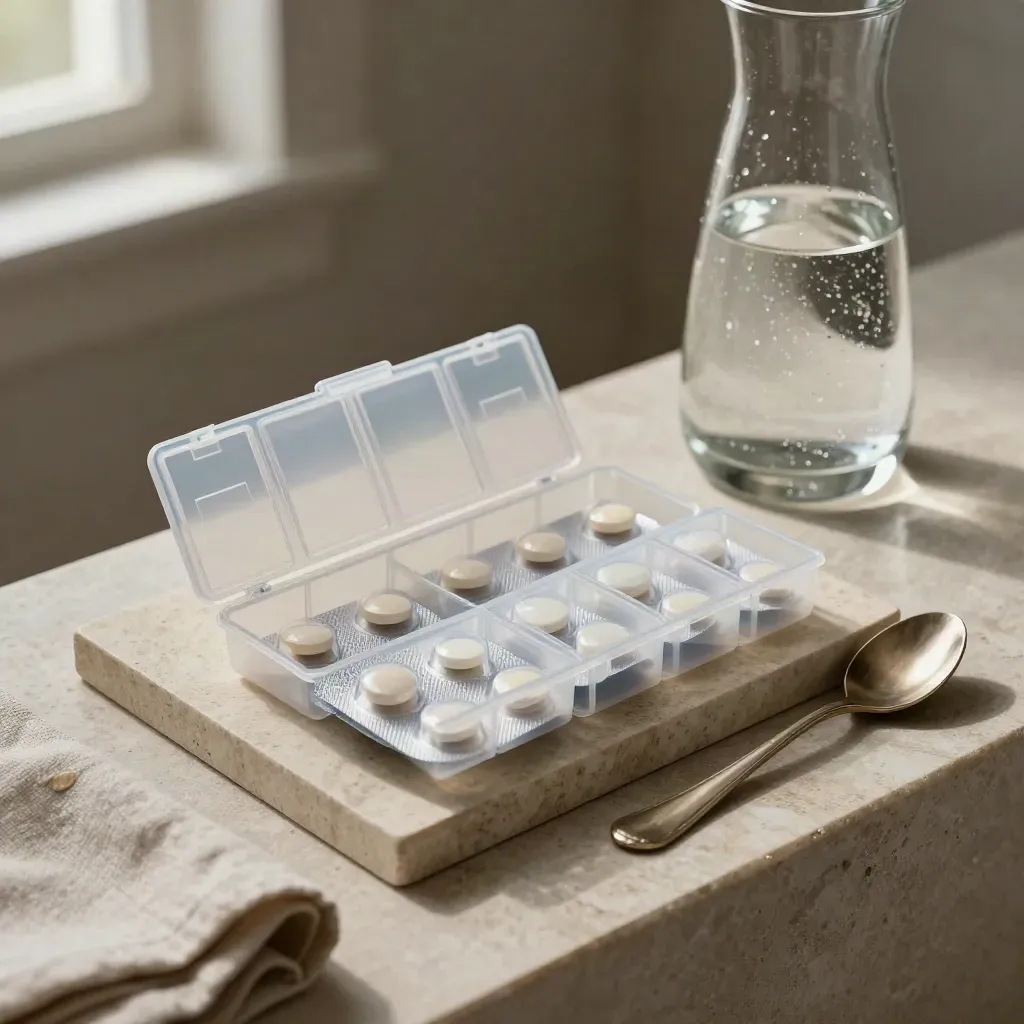 Repeat medicine packs, pill organiser and carafe on stone tray, freshly sorted in morning light.