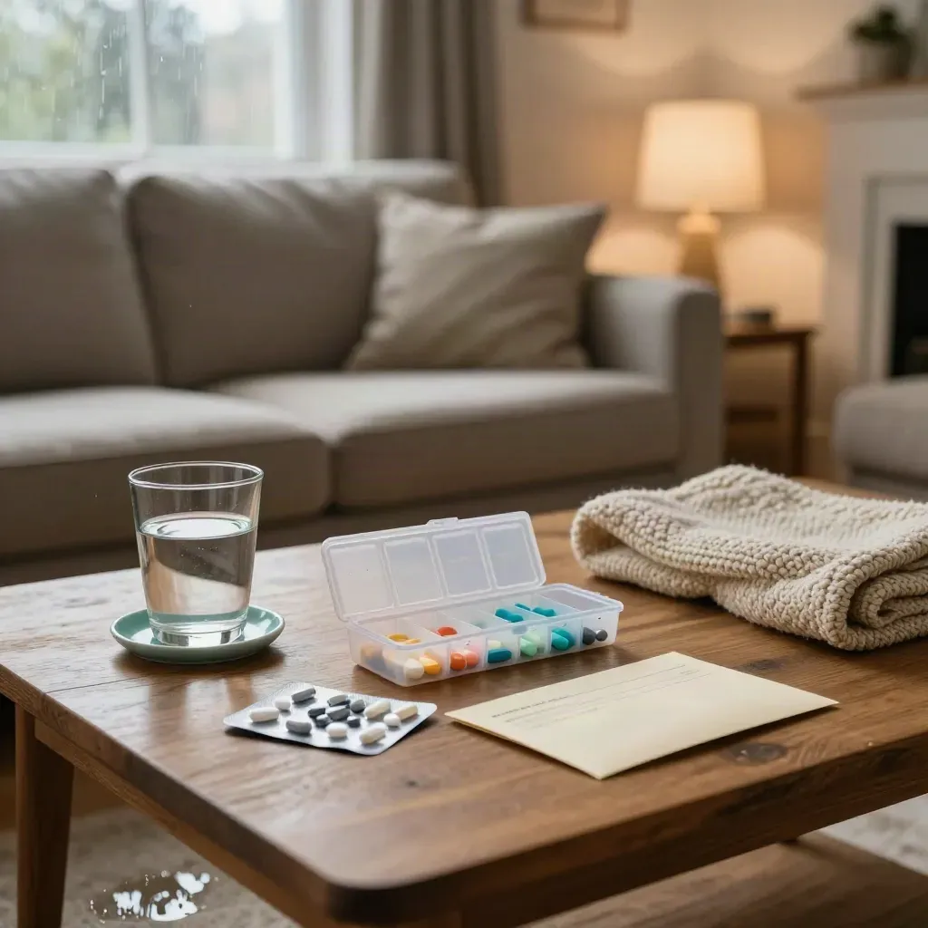 Quiet living room with sorted medicines, water glass, blanket, and referral envelope by rain.