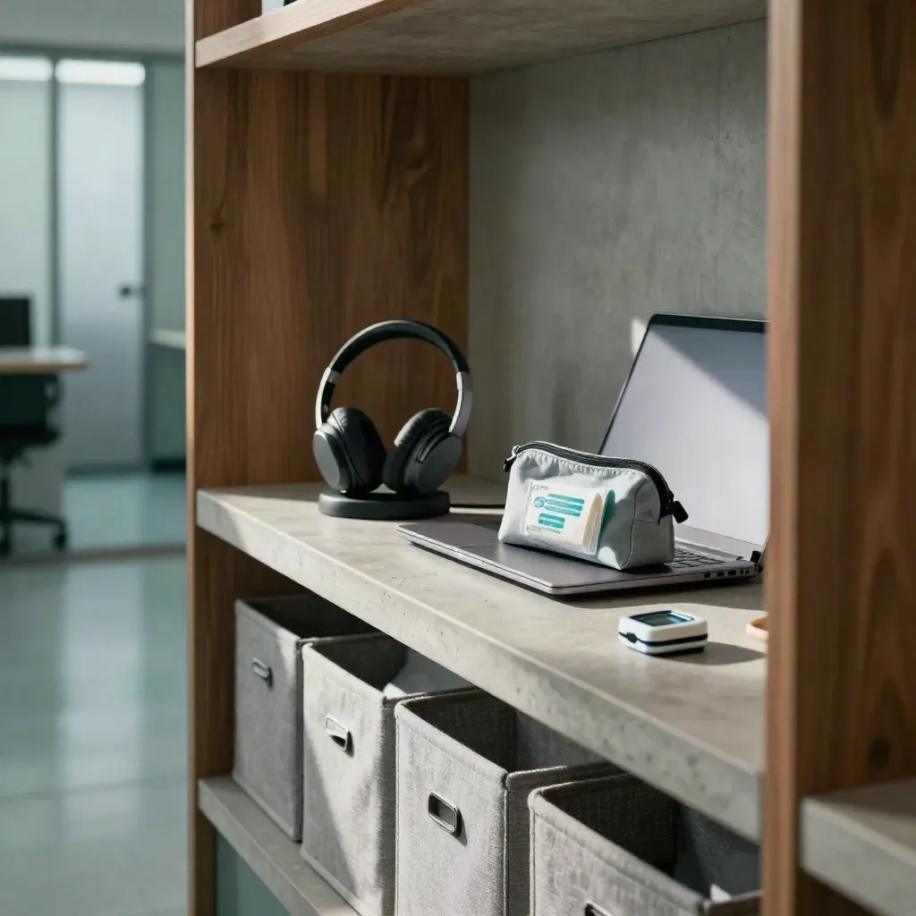 Telehealth station on a reception shelf with headset, laptop and care kit in a moody office nook.