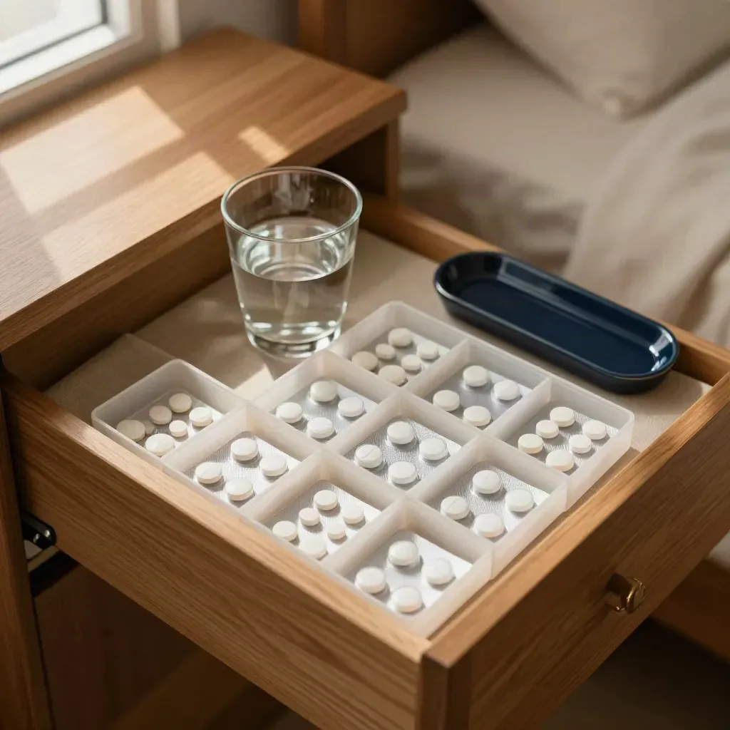 Open pill organiser drawer with blister packs and a water glass in warm morning light