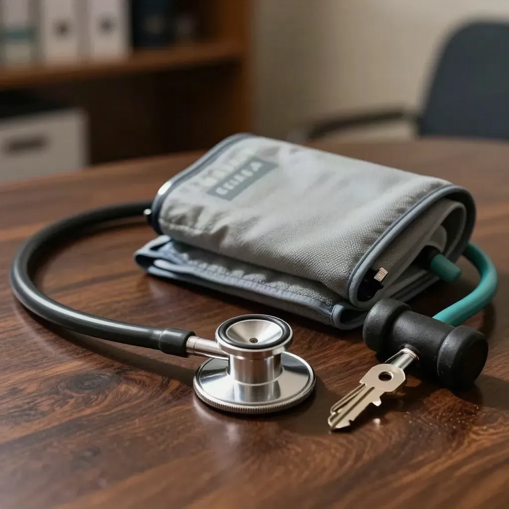 Medical tools on dark walnut: stethoscope, cuff, otoscope and reflex hammer