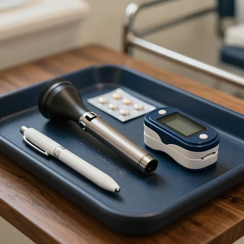 Macro still life of otoscope, penlight, pulse oximeter and blister strip on a navy-lined GP tray.