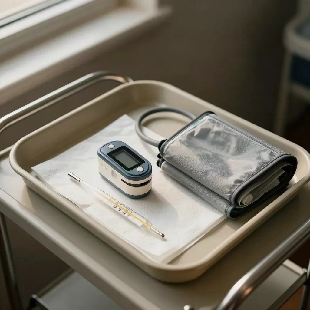 Top-down triage tray with pulse oximeter, thermometer and folded blood pressure cuff on khaki shelf.