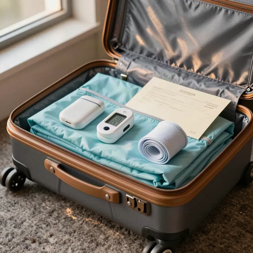 Open suitcase with travel health kit and referral envelope in late-afternoon hotel light.