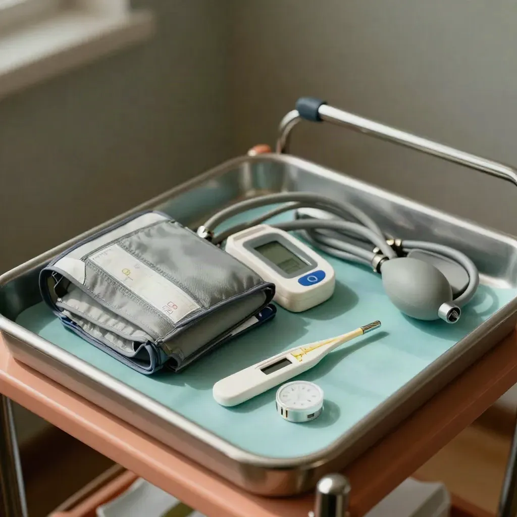 Health-check tray with cuff, pulse reader, thermometer and ECG leads on a terracotta clinic shelf.