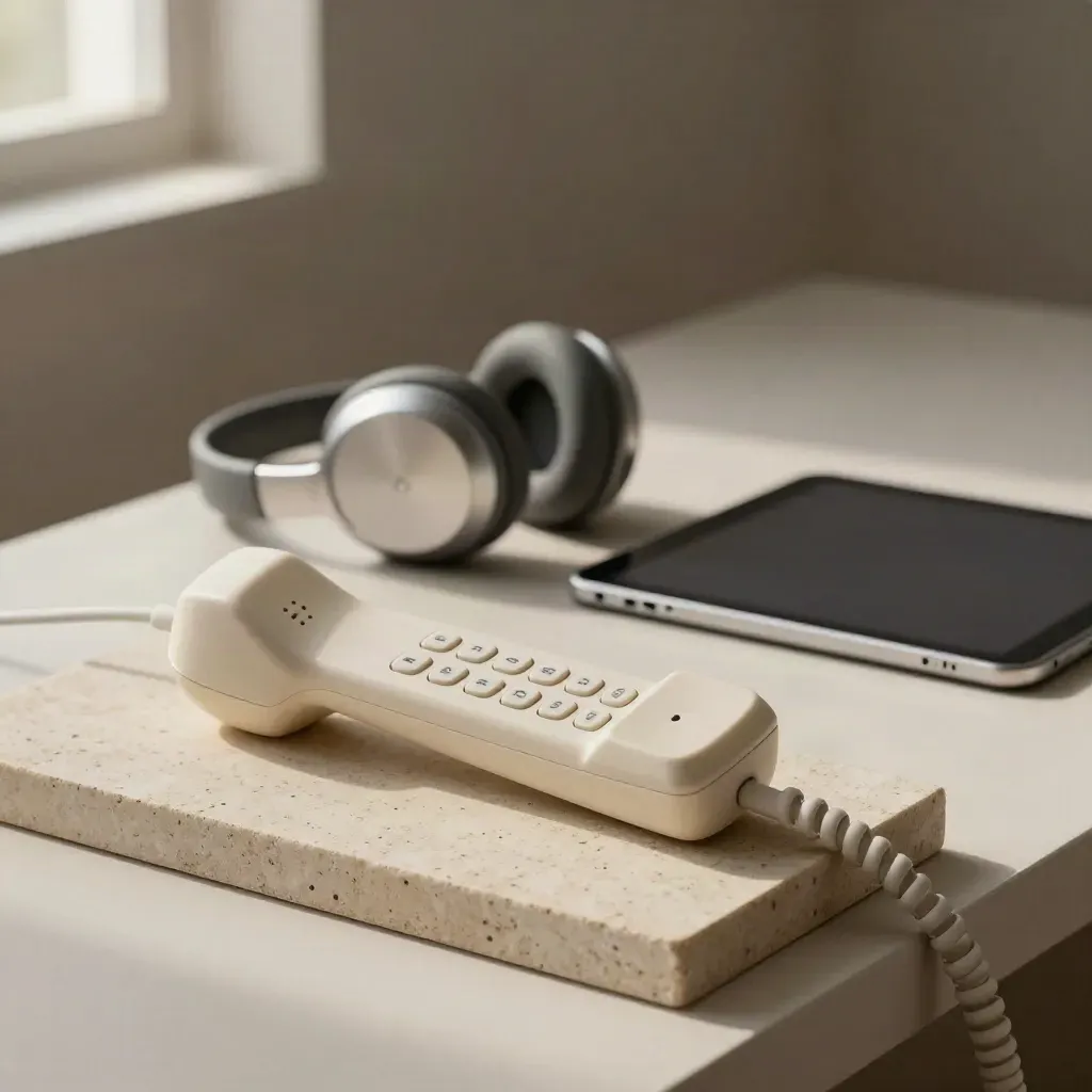 Cordless handset, over-ear headset and tablet stand on pale stone with soft teal light.
