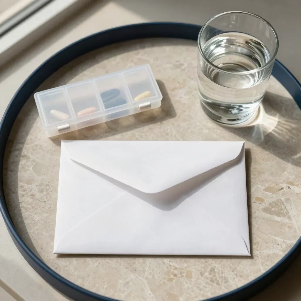 Overhead care kit with envelope, pill organiser and water on a navy tray