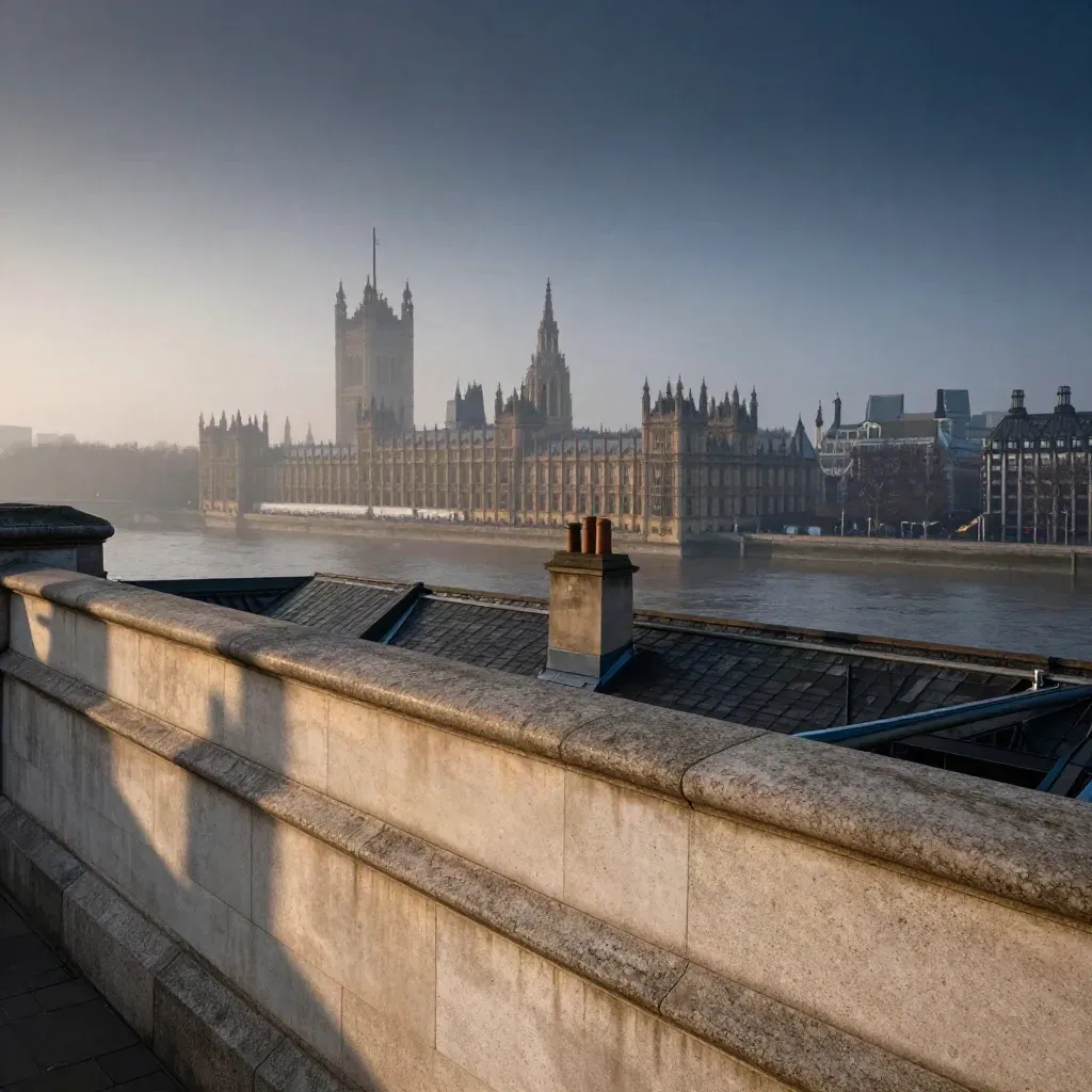 Westminster skyline above the Thames in blue-hour fog from a rooftop