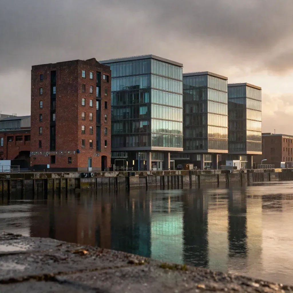 Liverpool waterfront buildings with wet quay reflections at dusk in rain haze.