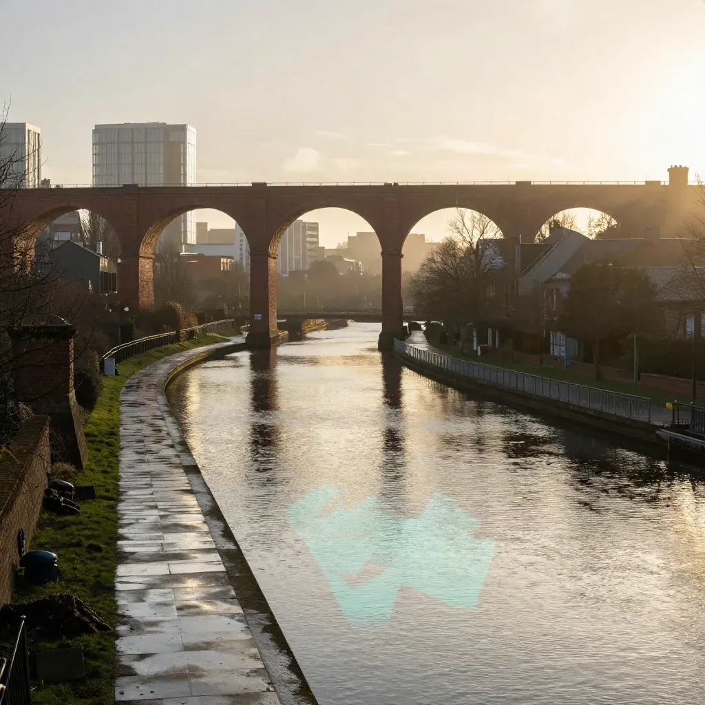 Golden-hour view of Birmingham canals, red-brick viaducts and distant modern towers after rain.