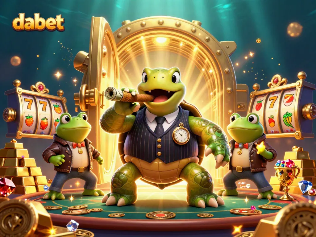 Dabet's vibrant 3D casino scene shows a turtle in a mobster suit surrounded by slot machines and riches.