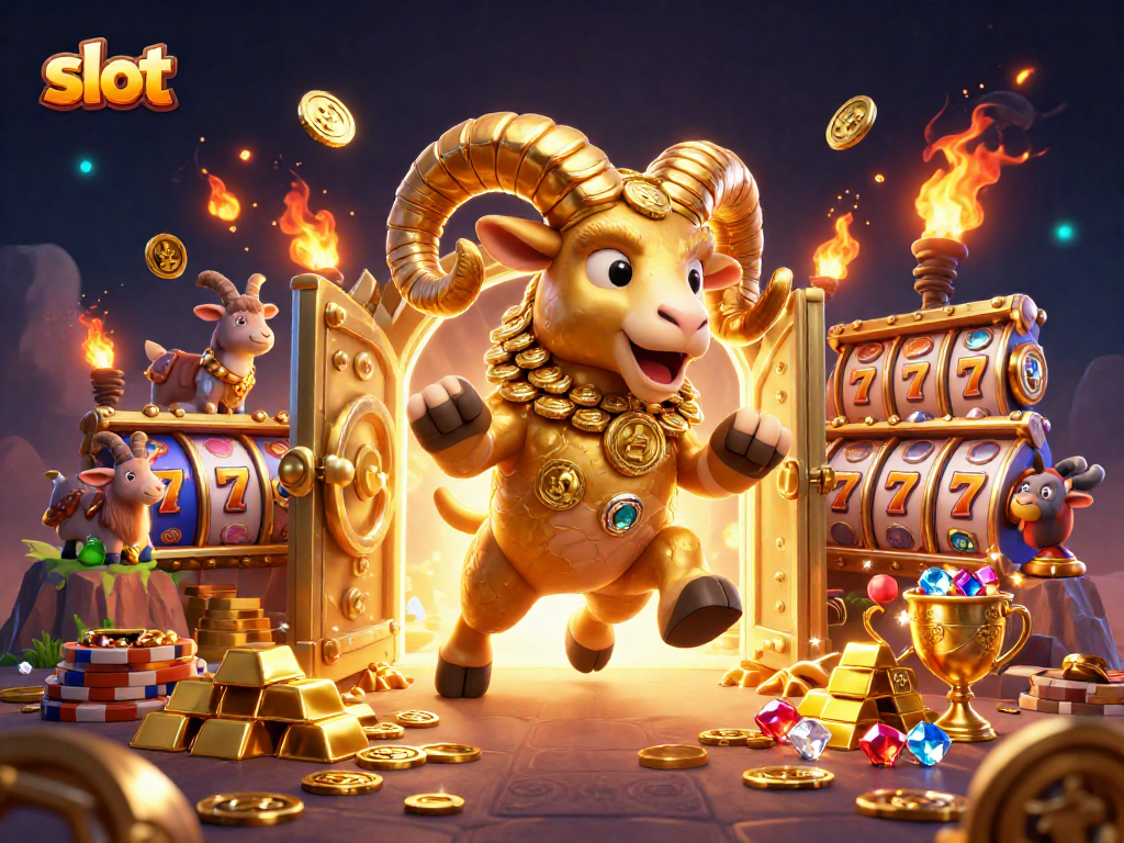Engage with the vibrant slot world as a golden ram charges through sparkling treasures.