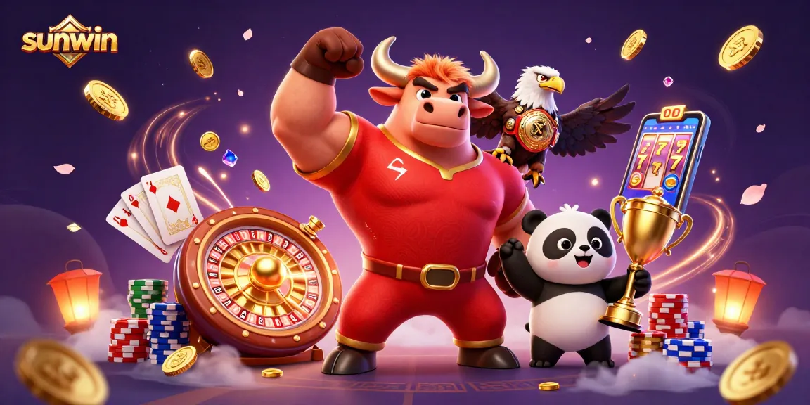 Experience the thrill of sunwin with this vibrant 3D casino scene featuring joyful characters amid flying coins and cards.