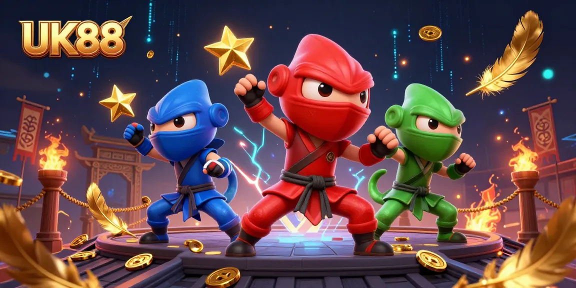 Engage with UK88 in a vibrant 3D casino scene featuring ninja chameleons and combat elements.