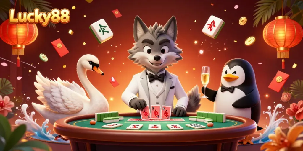 Experience the enchanting Lucky88 casino scene with a debonair wolf, an elegant swan, and a penguin sommelier amid vibrant gambling elements.