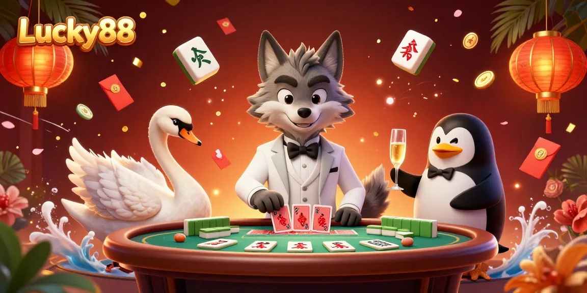 Experience the enchanting Lucky88 casino scene with a debonair wolf, an elegant swan, and a penguin sommelier amid vibrant gambling elements.