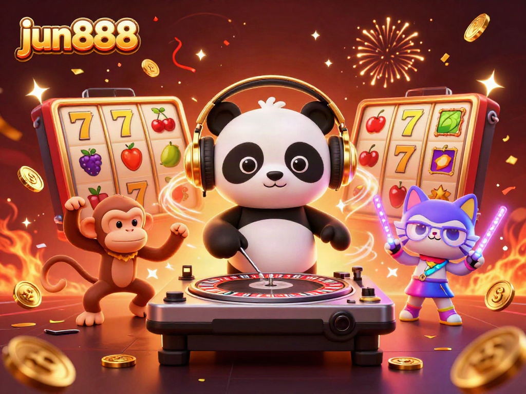 Experience vibrant excitement with jun888 in this dynamic 3D casino scene featuring lively characters and game elements.