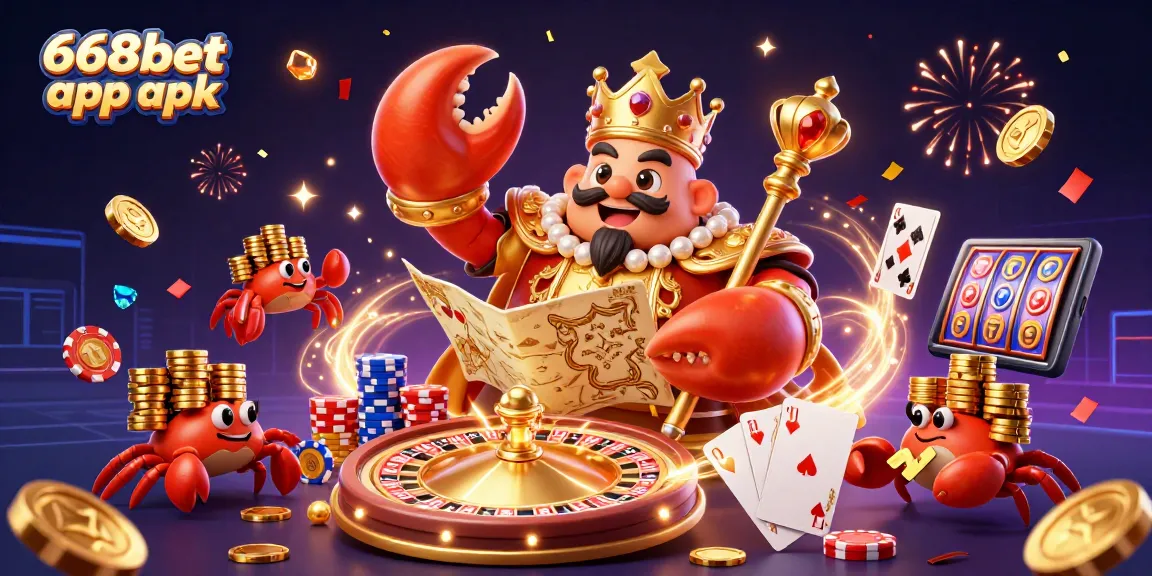 Spin and win with 668bet app apk, featuring a golden crab emperor in a vibrant casino setting.