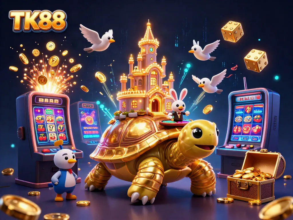 Experience the vibrant gaming world of TK88 with a 3D tortoise casino scene filled with excitement and fortune.