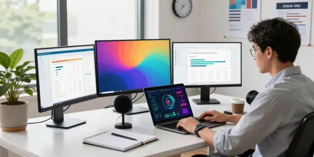 Professional marketing workspace highlighting instant indexing strategies through analytics tools and vibrant visualizations.