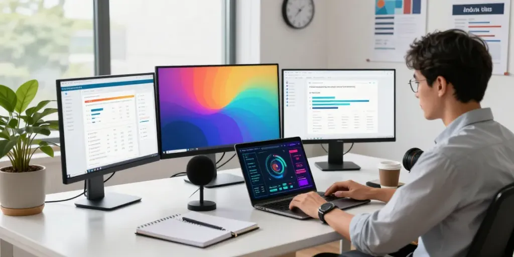 Professional marketing workspace highlighting instant indexing strategies through analytics tools and vibrant visualizations.