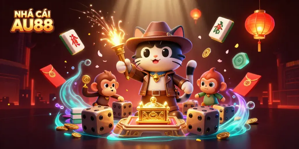 Engage in exciting gameplay at NHÀ CÁI AU88 with vibrant casino elements and characters.