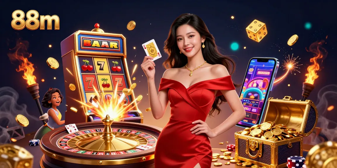 Experience top-tier gaming entertainment with 88m, showcasing a glamorous woman at a roulette wheel and casino elements.