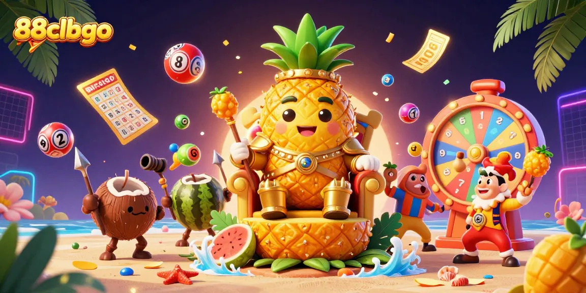 Join the exciting action at 88clbgo, featuring a golden pineapple king presiding over a vibrant beach casino scene.