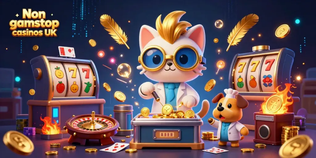 Engage with Non gamstop casinos UK in a vibrant, spinning casino lab scene featuring a mad scientist cat and a dog assistant.