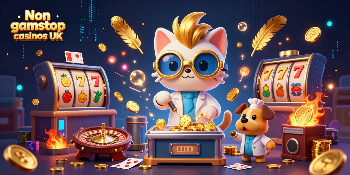 Engage with Non gamstop casinos UK in a vibrant, spinning casino lab scene featuring a mad scientist cat and a dog assistant.