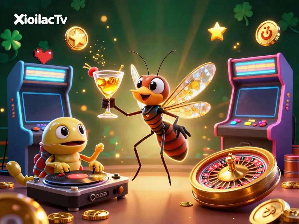 XoilacTv presents a vibrant 3D casino scene with a frozen mosquito, trilobite DJ, and roulette elements.