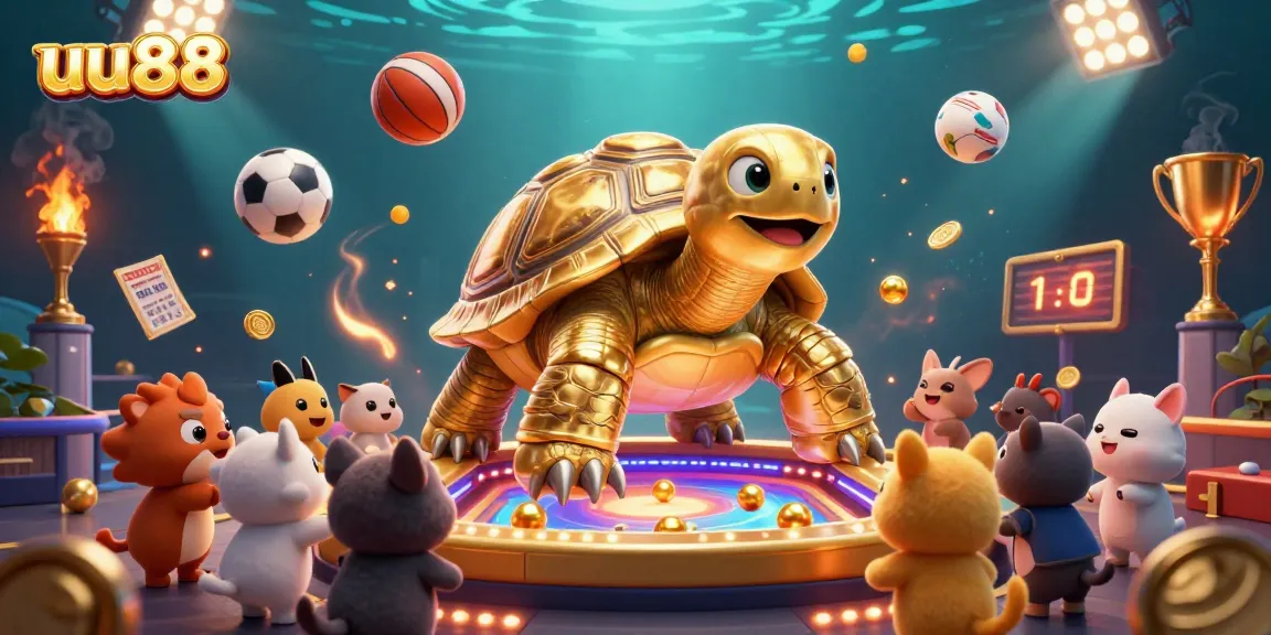 Engage with uu88 in this vibrant casino scene featuring a golden tortoise pinball machine and sports elements.
