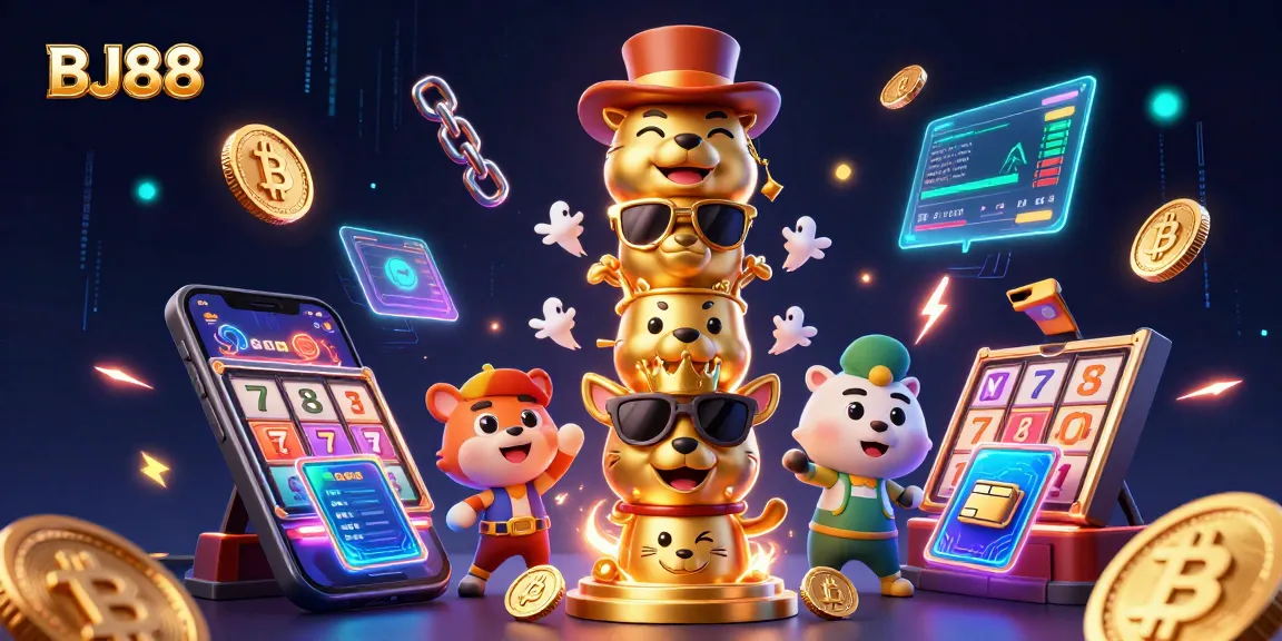 Bet on BJ88 with vibrant 3D casino-themed illustration showcasing golden totem pole and slot symbols.