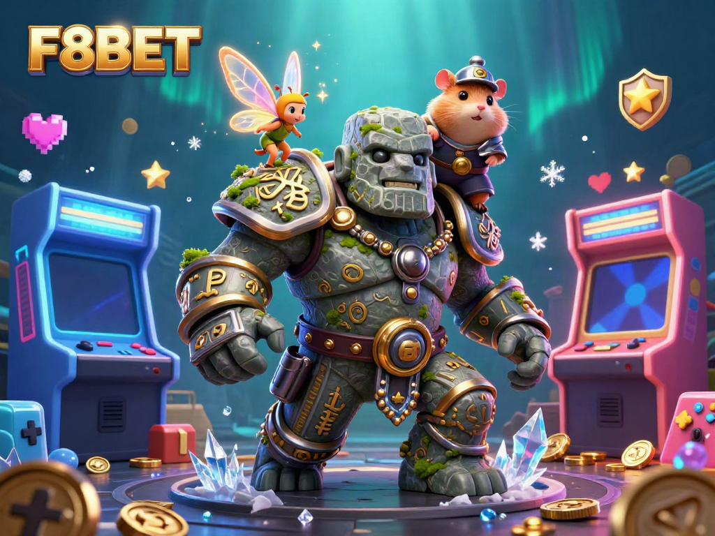 Join the fun with F8BET as the golem guardian comes alive amidst sparkling casino magic.