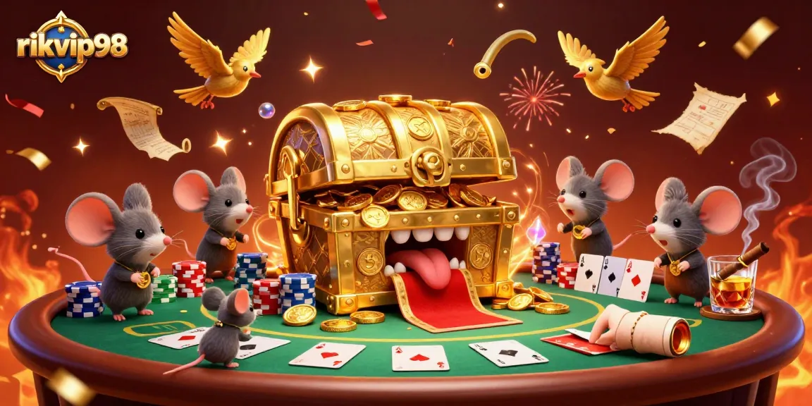 Engage in thrilling games at rikvip98 with 3D characters featuring a golden treasure chest and poker elements.