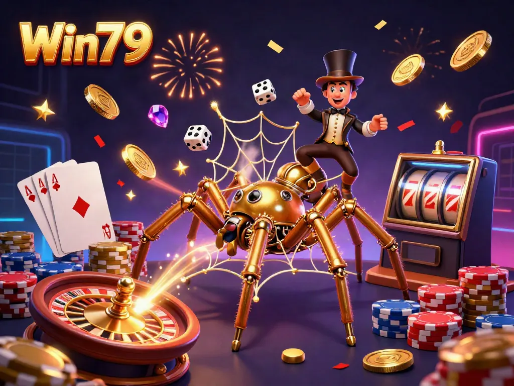 Win79 showcases vibrant 3D casino excitement with a steampunk spider, roulette, and sparkling gems.