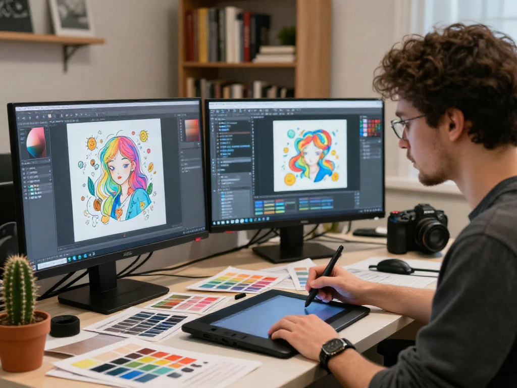 NSFW AI art generation in a modern creative studio with artist and screens