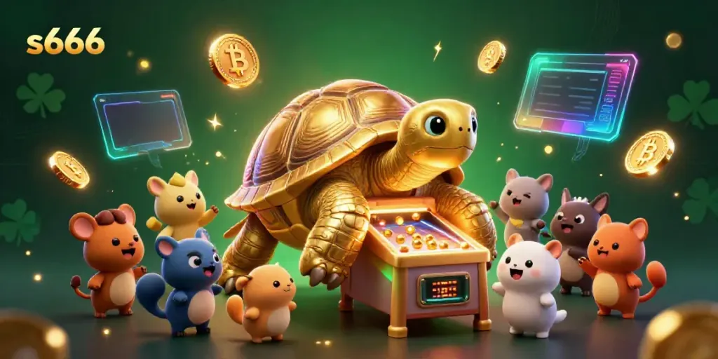 Experience thrilling excitement at s666 with a vibrant gambling scene showcasing a golden tortoise pinball machine.