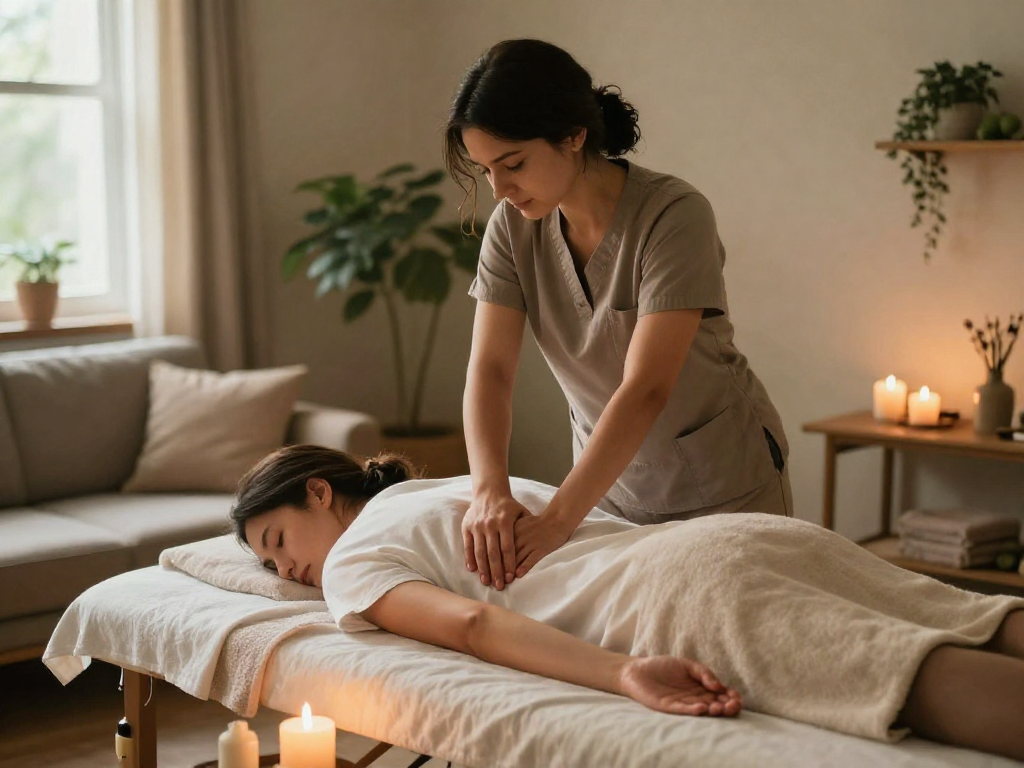 Relaxing 부평출장마사지 session in a cozy home setting with serene atmosphere.