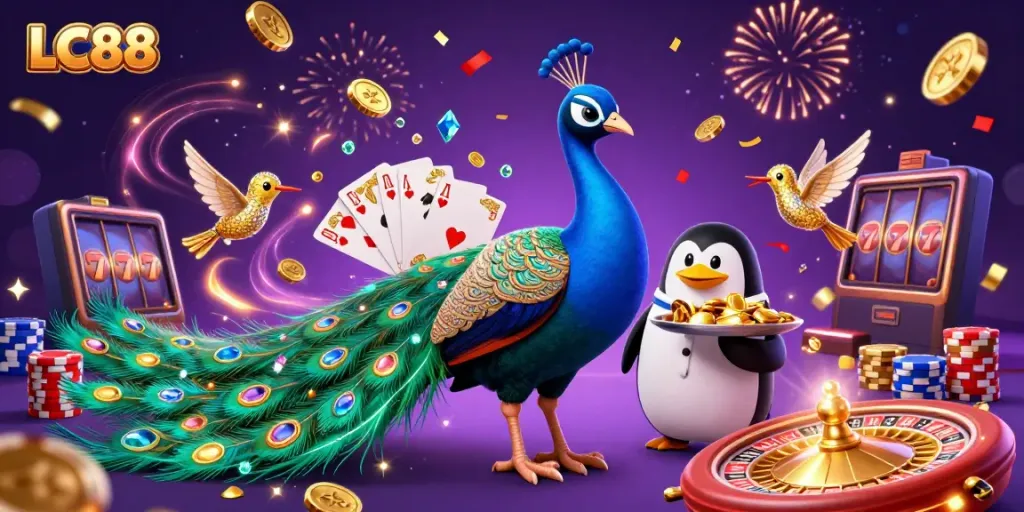 Players enjoy the excitement of LC88 with vibrant scenes filled with cascading coins and game elements.