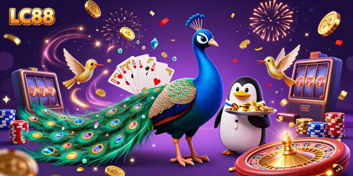 Players enjoy the excitement of LC88 with vibrant scenes filled with cascading coins and game elements.