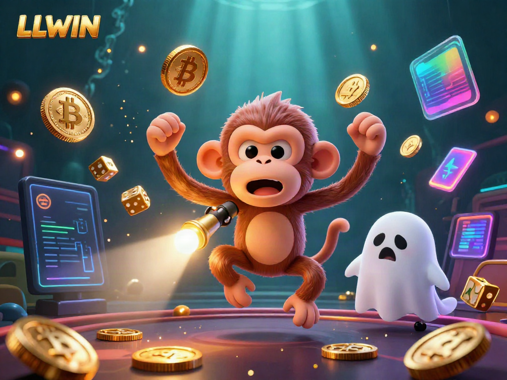 Engaging LLWIN casino scene featuring a mischievous poltergeist monkey and a curious puppy, surrounded by crypto elements.