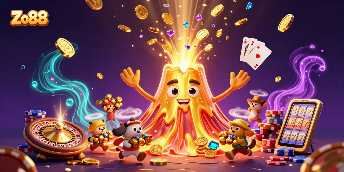 Experience thrilling wins with Zo88's captivating gambling scene featuring a golden volcano and treasures.
