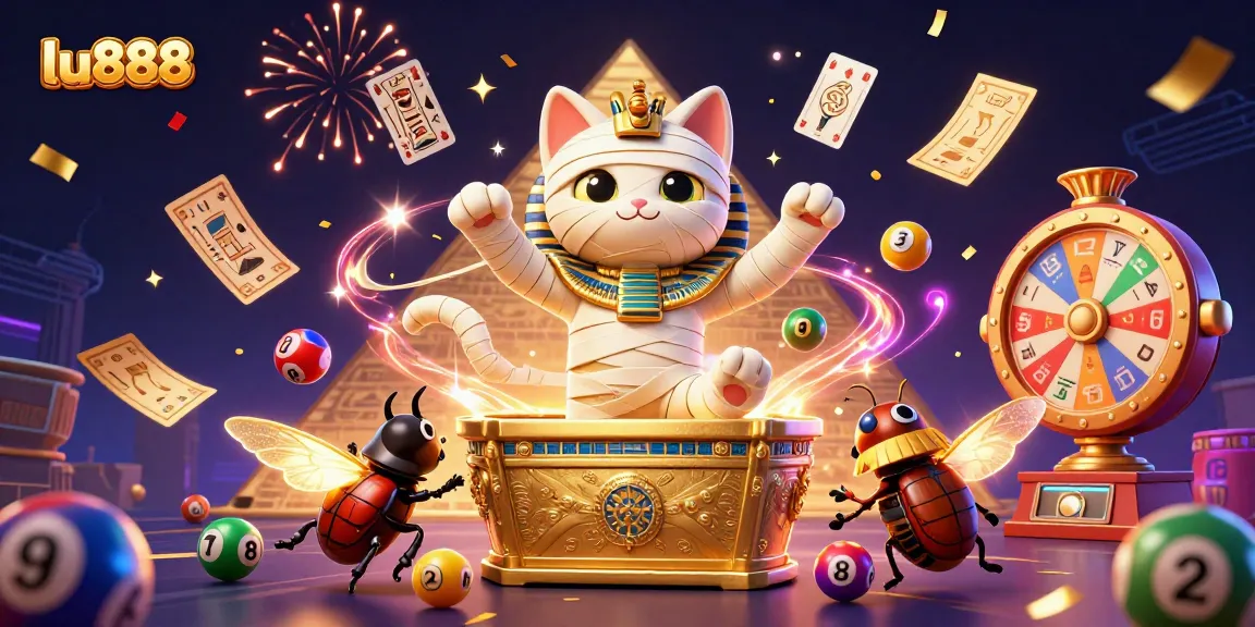 Experience the thrill of lu888 in this vibrant casino illustration featuring a mummy cat.