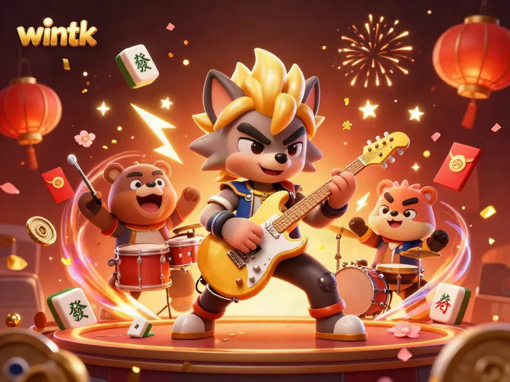 Wintk casino stage featuring a rocking wolf guitarist and bear drummer amid gambling icons.