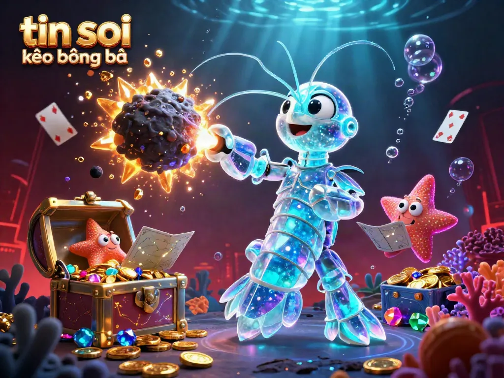 Dynamic portrayal of tin soi kèo bóng đá with a galactic mantis shrimp and treasure in a vibrant cosmic setting.