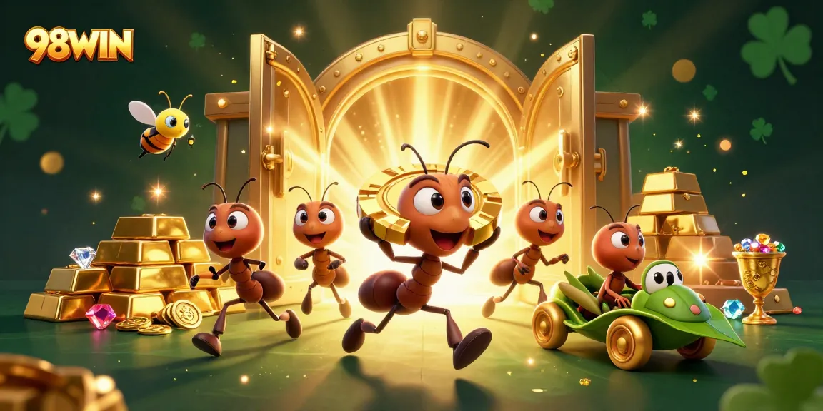 Join the adventure with 98WIN as ants steal a giant poker chip in this vibrant casino heist.